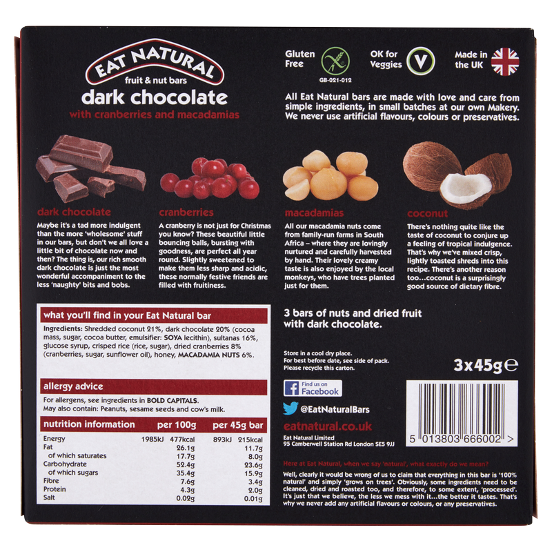 Eat Natural Fruit & Nut Dark Chocolate With Cranberries & Macadamias Bars, 3 x 45g