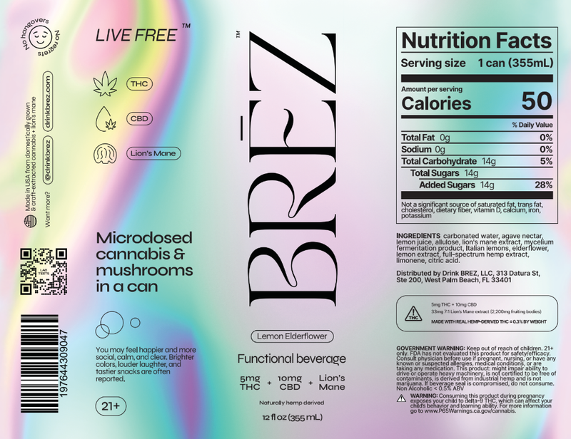 BREZ 5mg THC and Lion's Mane Lemon Elderflower 4pk 12oz Can