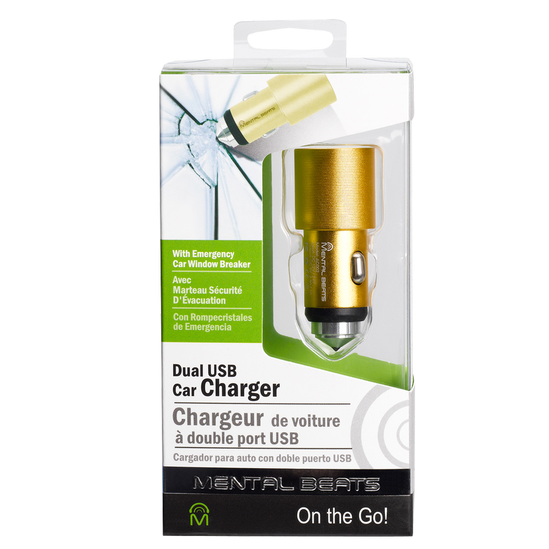 Dual USB Gold Car Charger with Window Breaker
