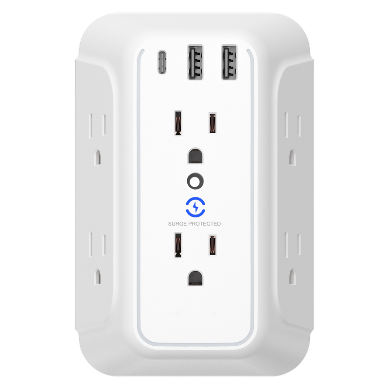 USB Wall Charger/Surge Protector 6-Outlet Extender with 2 USB Charging Ports 3-Sided Power Strip with Adapter Spaced Outlets