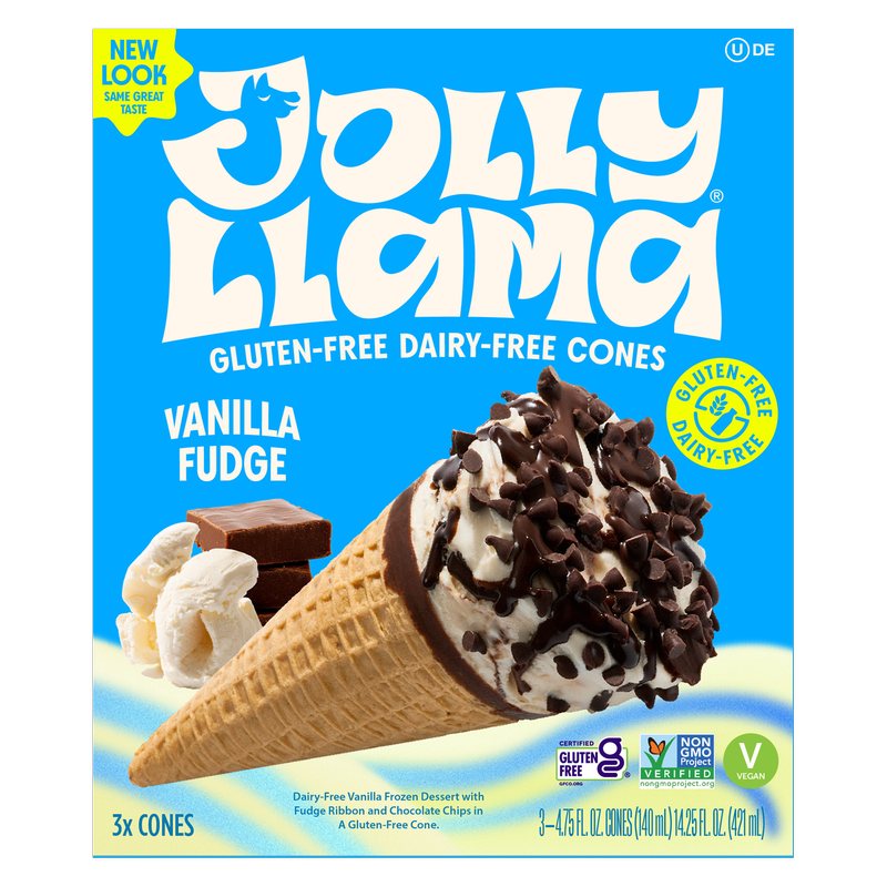 Jolly Llama, Dairy Free Gluten Free Coconut Cream Vanilla Fudge Sundae Cones