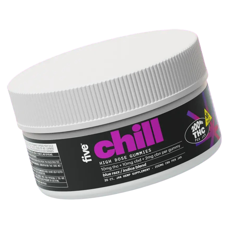 Five High Potency Chill Gummy, Blue Razz, Indica, 10mgCBD, 10mgTHC, 2mg CBN, 60ct