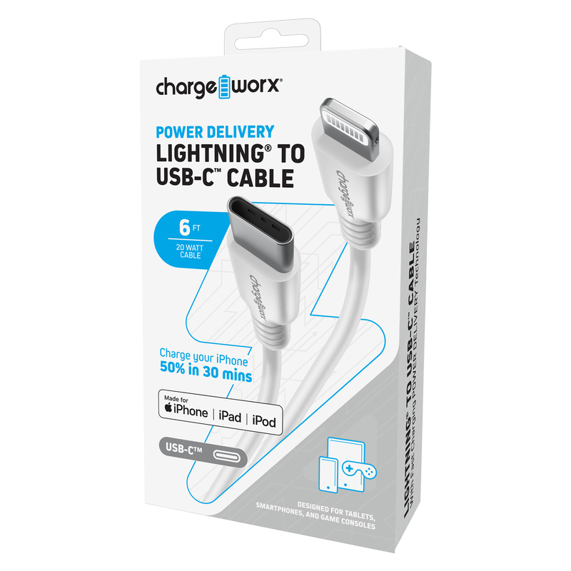Chargeworx Power Delivery Lighting to Type C Cable 6ft White