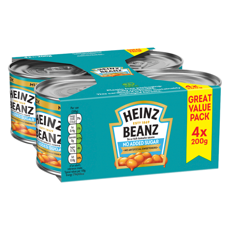 Heinz Beanz in a Rich Tomato Sauce No Added Sugar, 4 x 200g