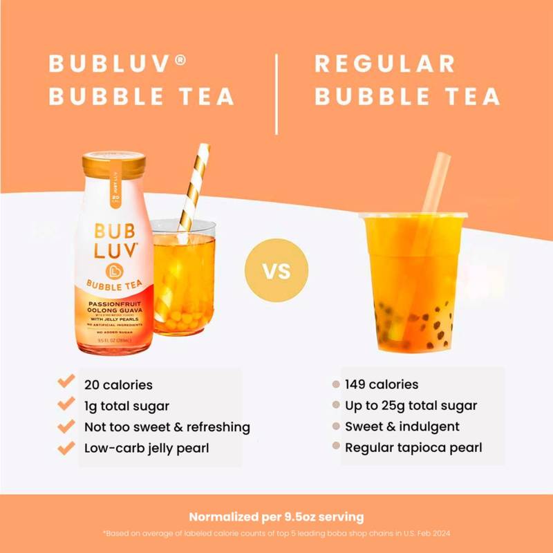 BUBLUV Passionfruit Oolong Guava Low-Sugar Bubble Tea with Jelly Pearls 9.5oz Btl