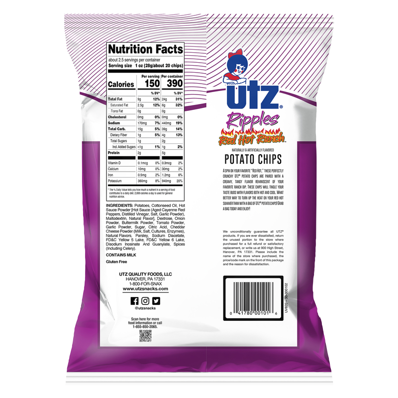 Utz Ripples Red Hot Ranch Potato Chips 2.625oz