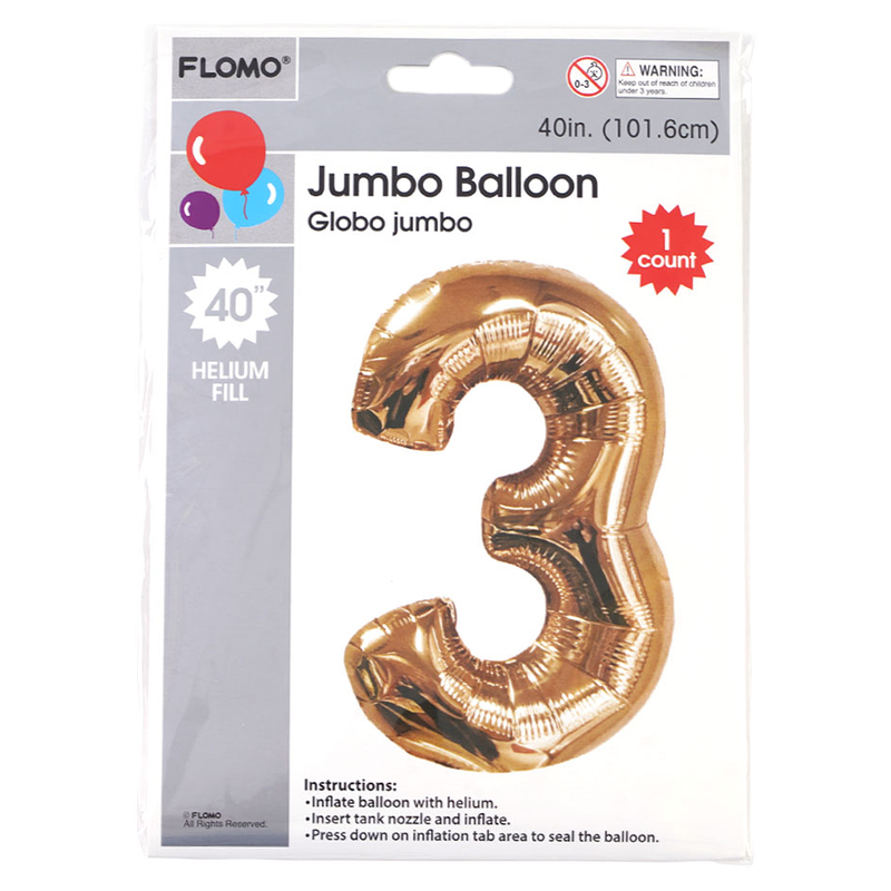 FLOMO Gold Metallic Mylar Numerical Balloon "3" 40"