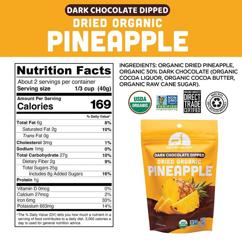 Mavuno Harvest Organic Dark Chocolate Dipped Dried Pineapple, 3oz