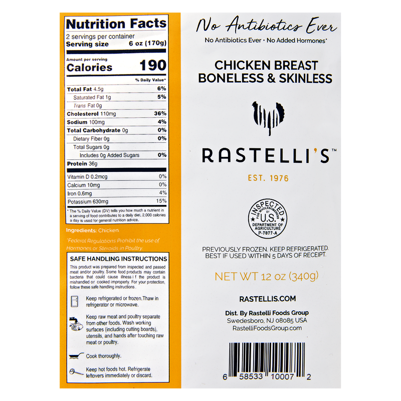 Rastelli's Fresh Antibiotic Free Boneless Skinless Chicken Breast - Two 6oz Each