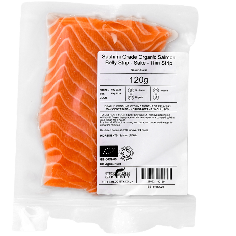 The Fish Society Sashimi Grade Organic Salmon Belly Strip - Frozen, 120g