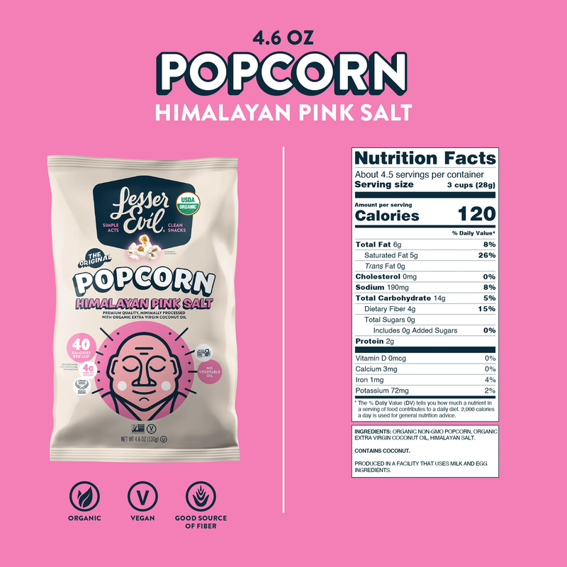Palomitas de maíz orgánicas LesserEvil, sal rosa del Himalaya, 4.6 oz