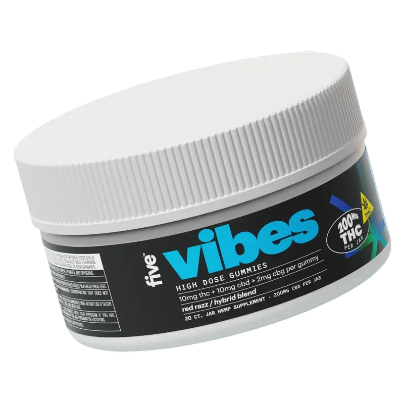 Five High Potency Vibes Gummy, Red Razz, Hybrid, 10mgCBD, 10mgTHC, 2mgCBG, 40ct