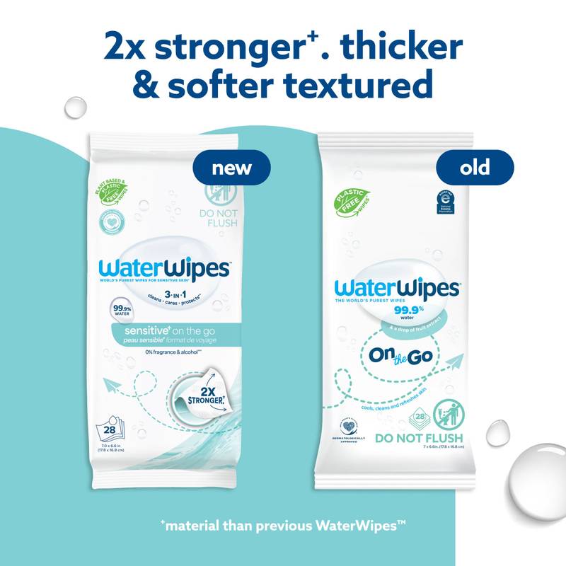 WaterWipes Sensitive+ On The Go Wipes, 3-In-1 Cleans, Cares, Protects, 99.9% Water, Unscented & Hypoallergenic Wet Wipes, 28 Count (1 Pack)