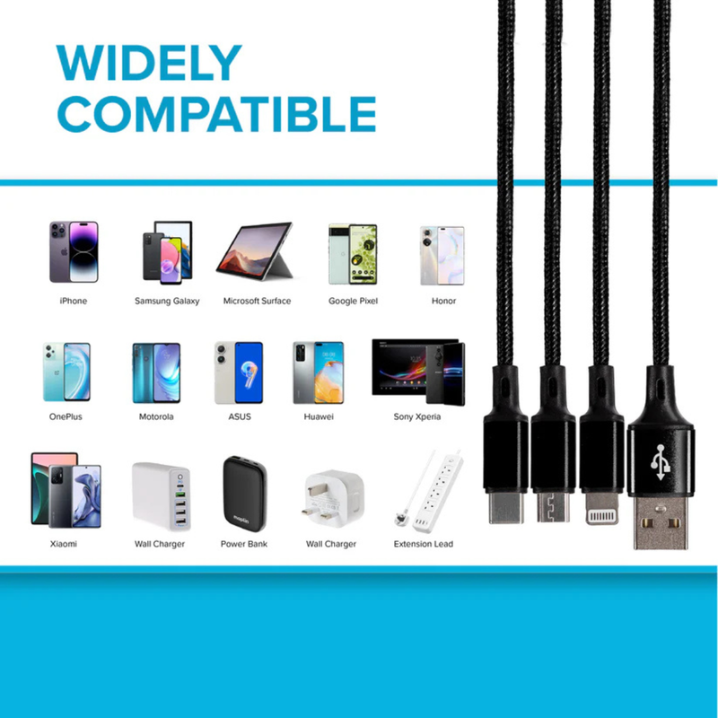 Maplin USB-A to USB-C/Lightning/Micro USB-B Cable Braided - 1.2m, 1pcs