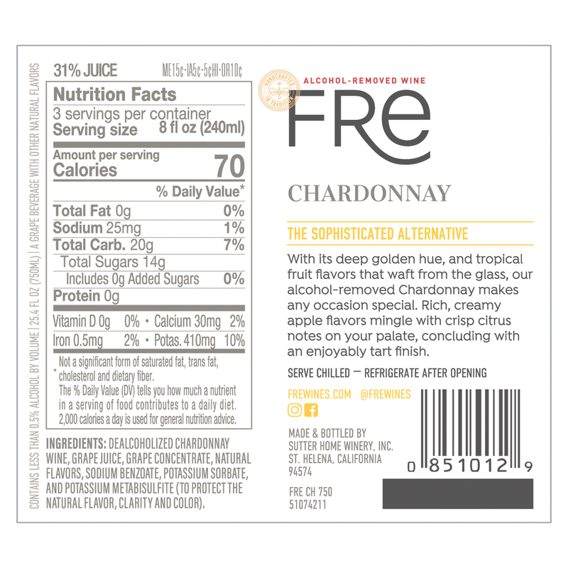 Sutter Home FRE Alcohol-Removed Chardonnay 750ml