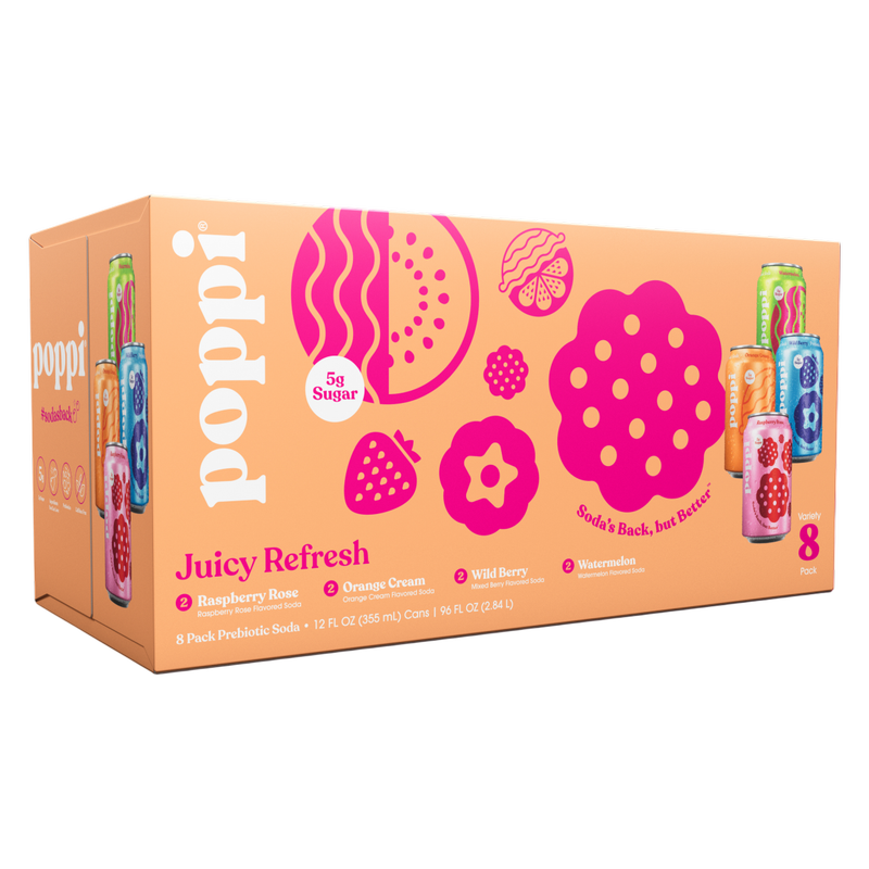 Poppi Prebiótico Juicy Refresh, paquete de 8 latas de 12 oz