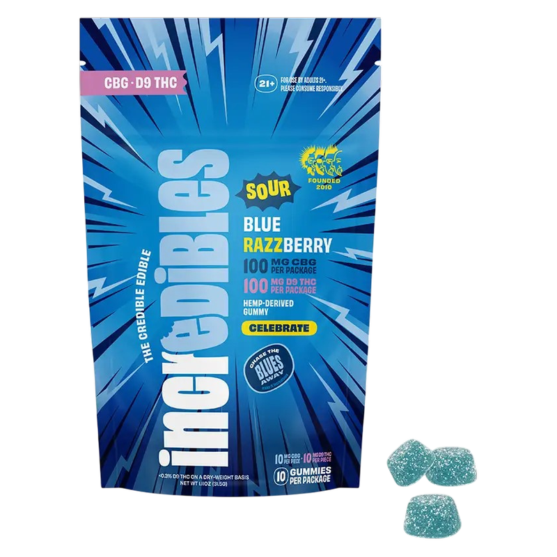 incredibles Sour Blue Razzberry Gummies, 10mg D9 THC, 10mg CBG, 10ct