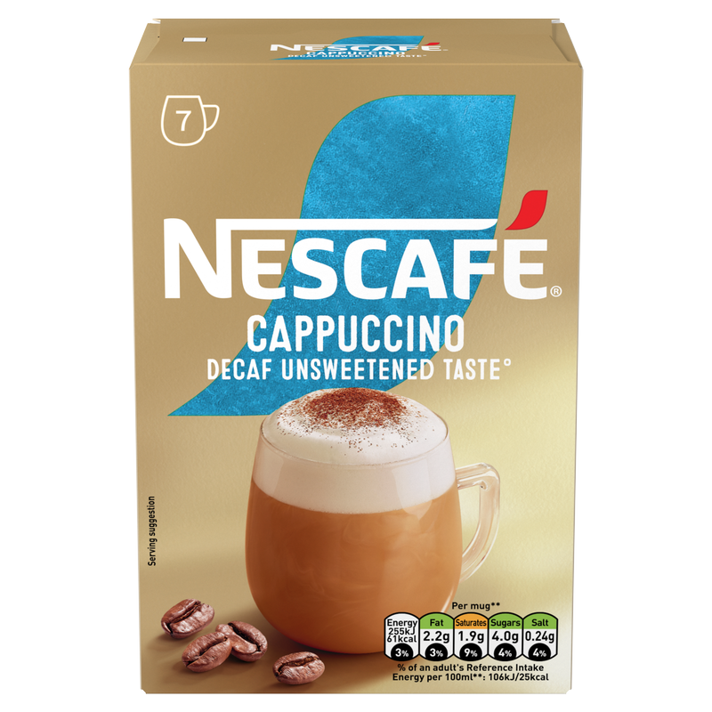 Nescafe Decaf Unsweetened Cappuccino Instant Coffee, 7 x 15g