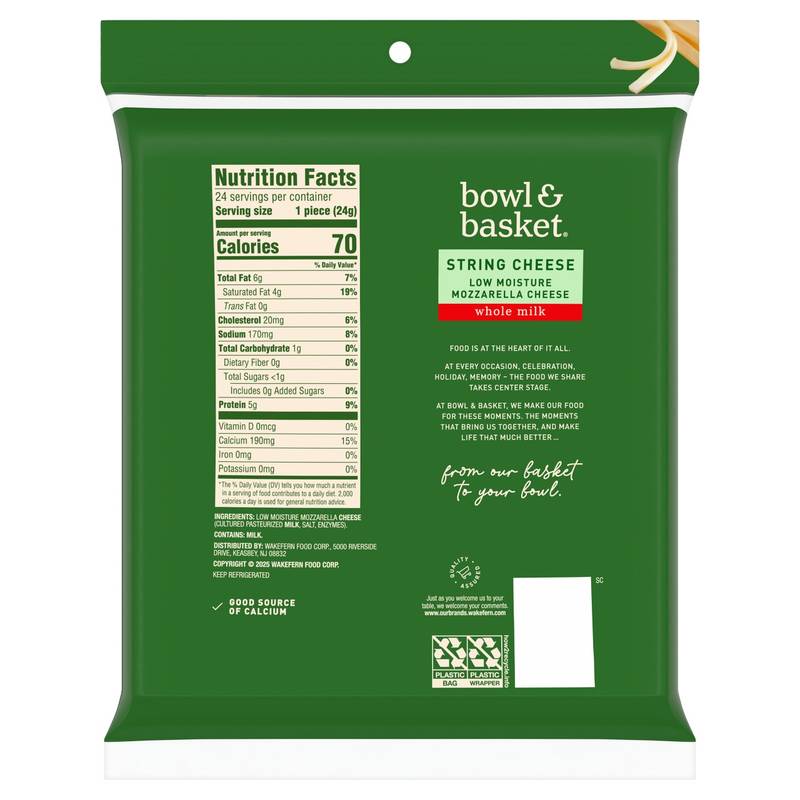 Bowl & Basket Whole Milk Mozzarella String Cheese - 20oz / 24ct