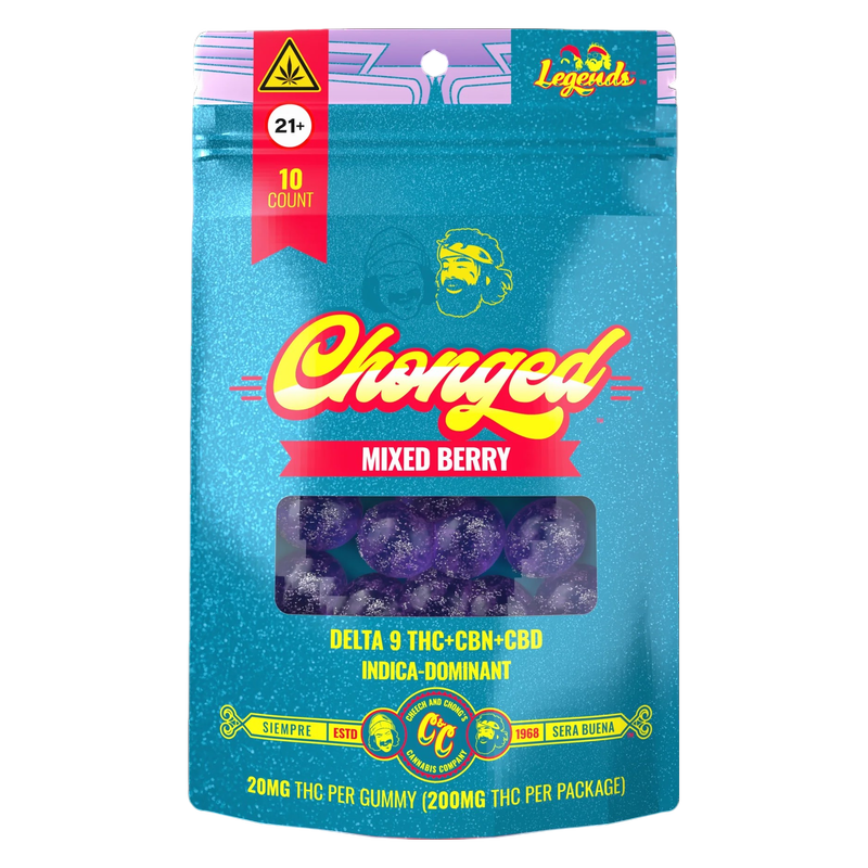 Cheech and Chong's CHONGED Mixed Berry Legends Gummies, 20 mg THC, 5 mg CBN, 5 mg CBD, 10ct
