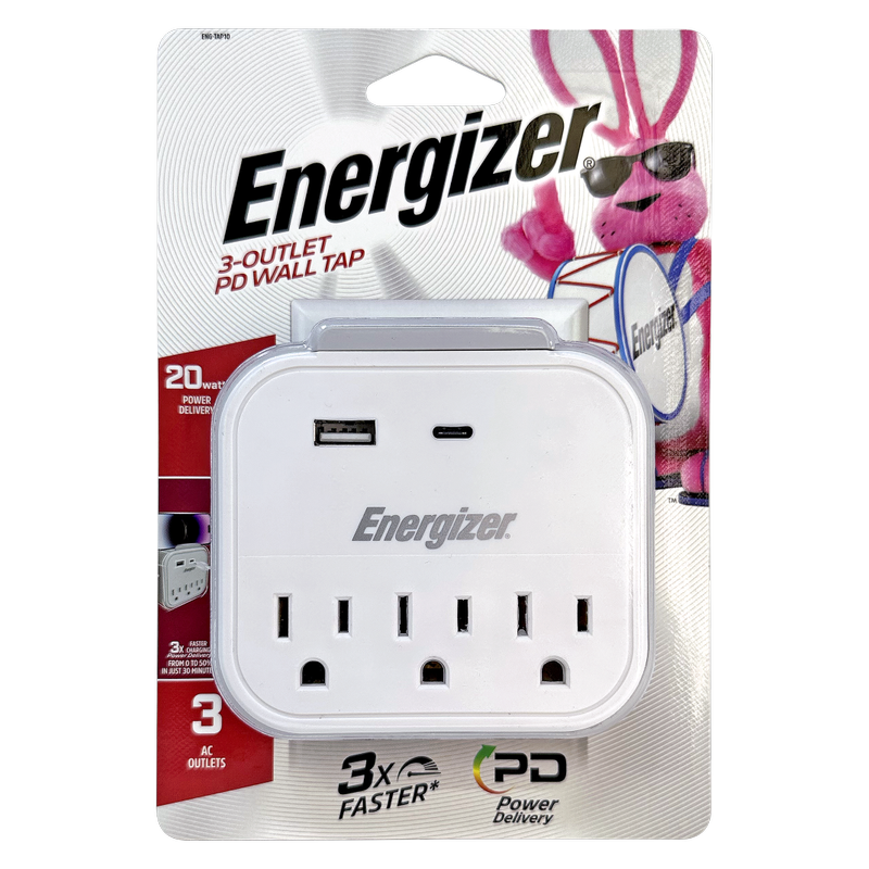 Energizer 3 Outlet Wall Tap w/2USB & 20W PD