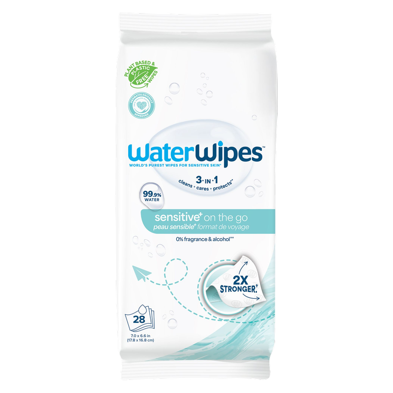 WaterWipes Sensitive+ On The Go Wipes, 3-In-1 Cleans, Cares, Protects, 99.9% Water, Unscented & Hypoallergenic Wet Wipes, 28 Count (1 Pack)