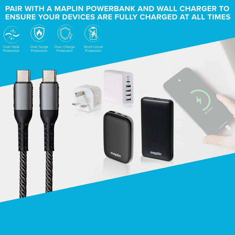 Maplin 3m USB-C to USB-C Braided Cable Fast Charging, 1pcs