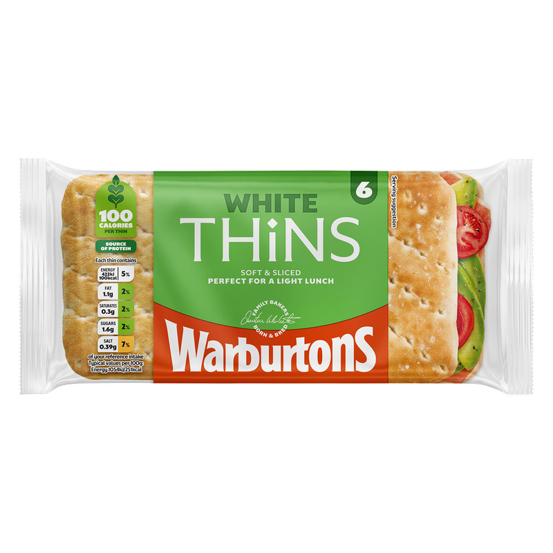 Warburtons White Sandwich Thins, 6pcs