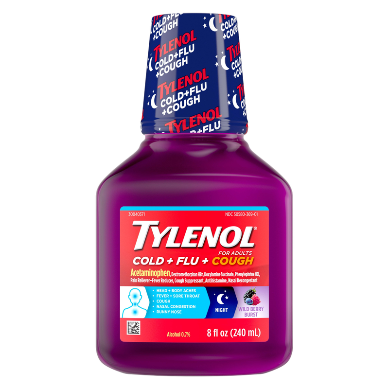 Tylenol Cold + Flu + Cough Night Liquid, Wild Berry Burst, 8 Fl. Oz