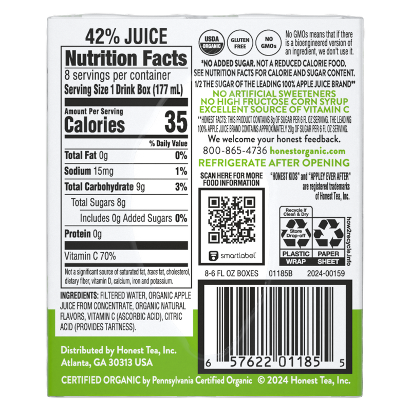 Honest Kids Jugo Orgánico de Manzana, 8 cajas de 6 oz