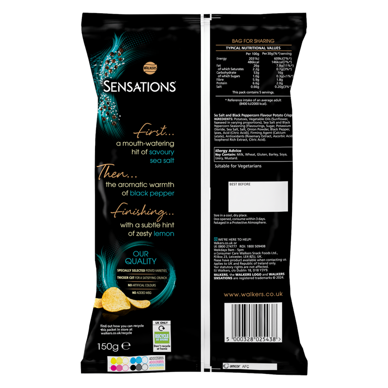 Walkers Sensations Crushed Sea Salt & Black Peppercorn, 150g