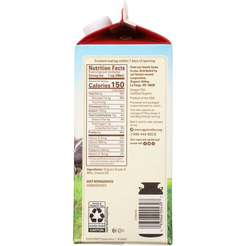 Organic Valley Whole Milk 1/2 Gallon CA