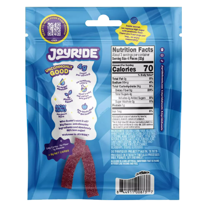 JoyRide Low Sugar Sour Blue Raspberry Strips, 3.5oz