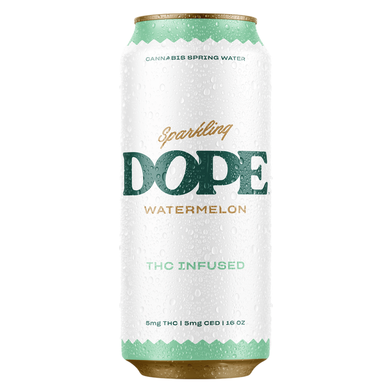 DOPE Spring Water Agua Mineral con Gas Sabor Sandía, 5 mg THC, 5 mg CBD, paquete de 4, latas de 16 oz