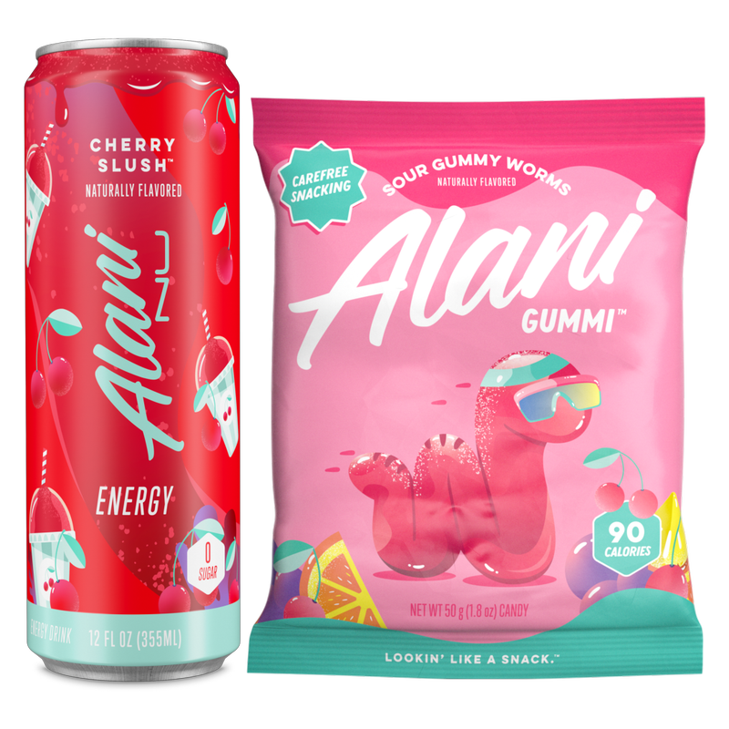 Alani Nu Energy Cherry Slush + Gummi Worms Snack Pack