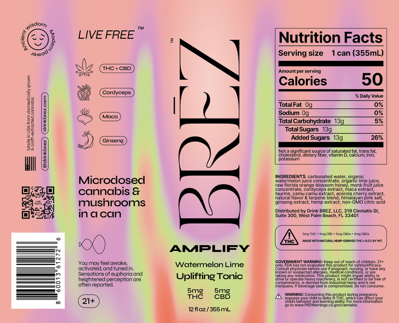 BREZ 5mg THC Amplify Watermelon Lime THC Tonic 4pk 12oz Can