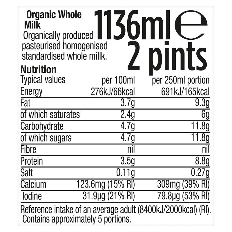 Morrisons Organic Whole Milk 2 pints, 1136ml