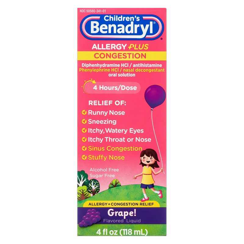 Children's Benadryl Allergy Plus Congestion Grape Flavor Liquid 4 oz 