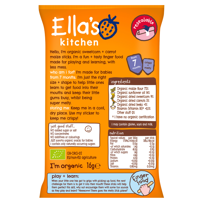 Ella's Kitchen Organic Sweetcorn & Carrot Melty Sticks, 17g