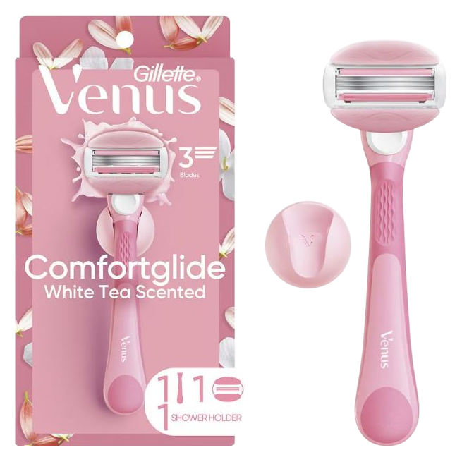 Venus Comfortglide Women's Razor White Tea Scented with Reusable Razor Handle, 1 Razor Blade Refill and Shower Holder