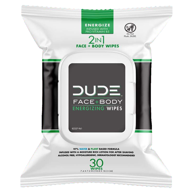 DUDE Face & Body Wipes Dispenser Lightly-Scented with Pro Vitamin B-5 30ct