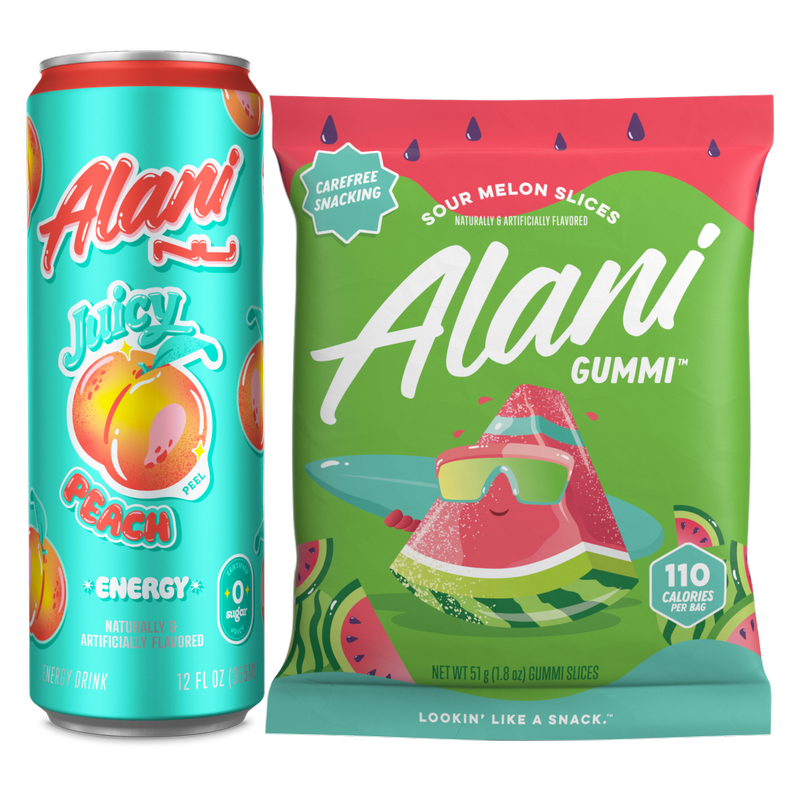 Alani Nu Energy Juicy Peach + Gummi Watermelon Slices Snack Pack