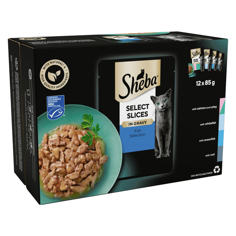 Sheba Select Slices Fish Collection In Gravy Adult Cat Food Pouches, 12 x 85g