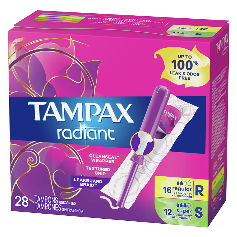 Tampax Radiant Duo Pack Plastic Tampons Regular/Super Unscented 28ct