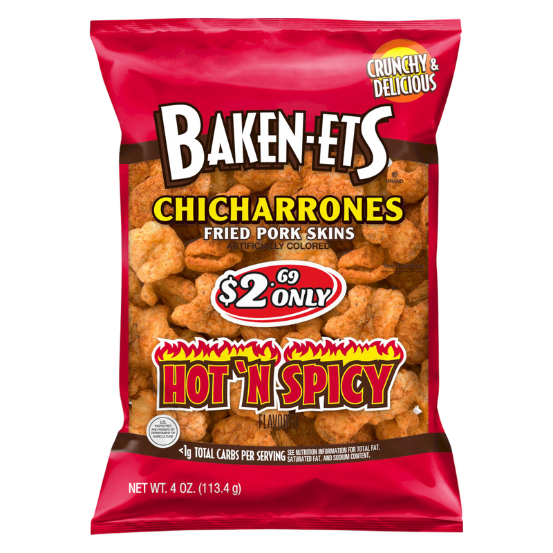 Baken-Ets Chicharrones Fried Pork Skins Hot'N Spicy Flavored 4 Oz