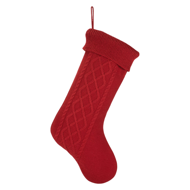 Red Cable Knit Stocking with Ribbed Cuff