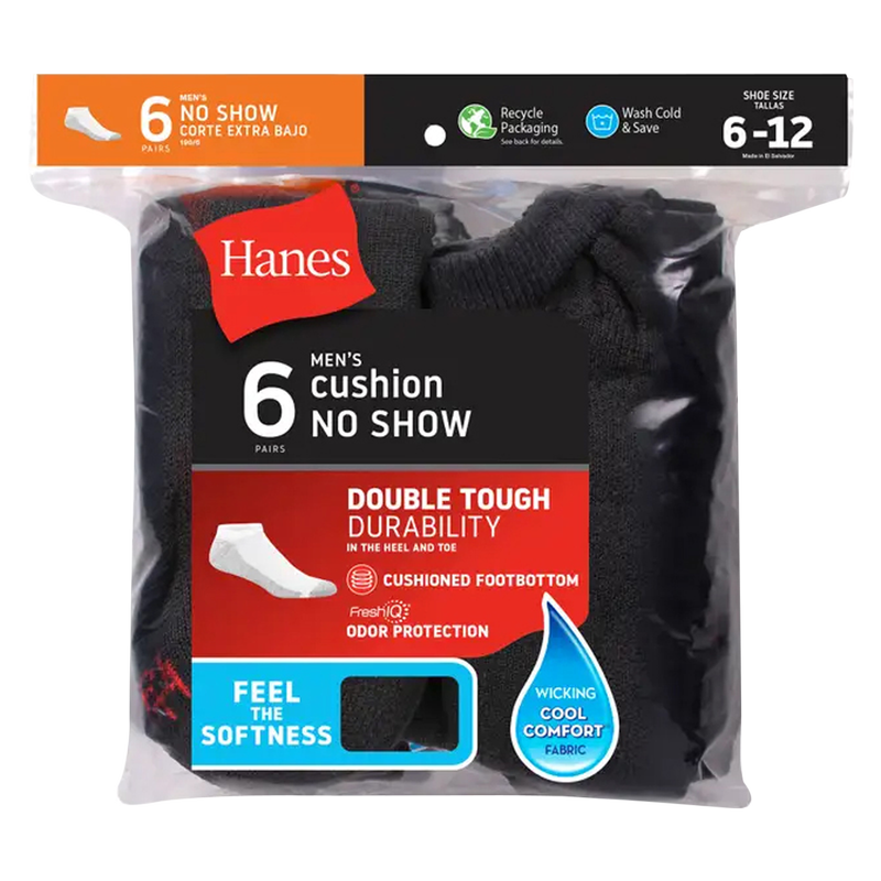 Hanes Men's FreshIQ ComfortBlend No Show Socks Black 6pk (Shoe Size 6-12)
