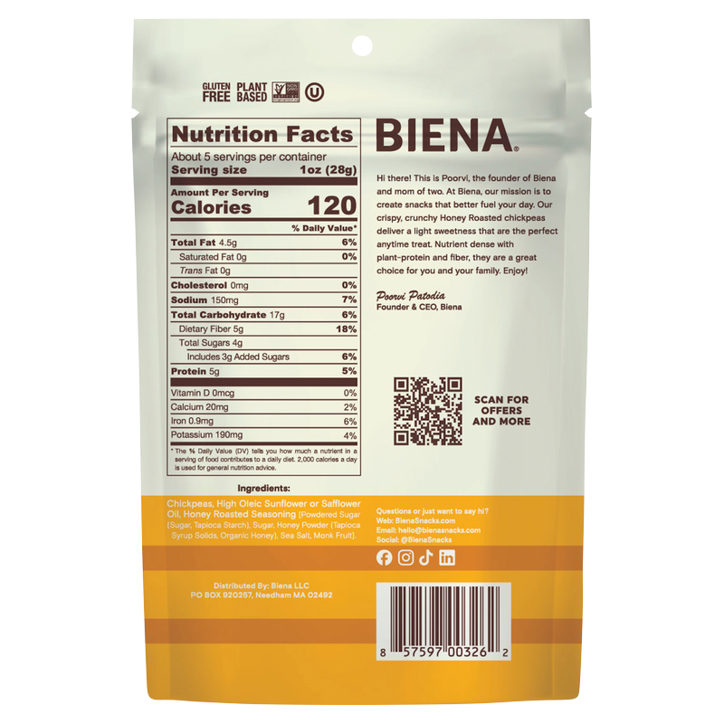 Biena Garbanzos Tostados con Miel, 5 oz