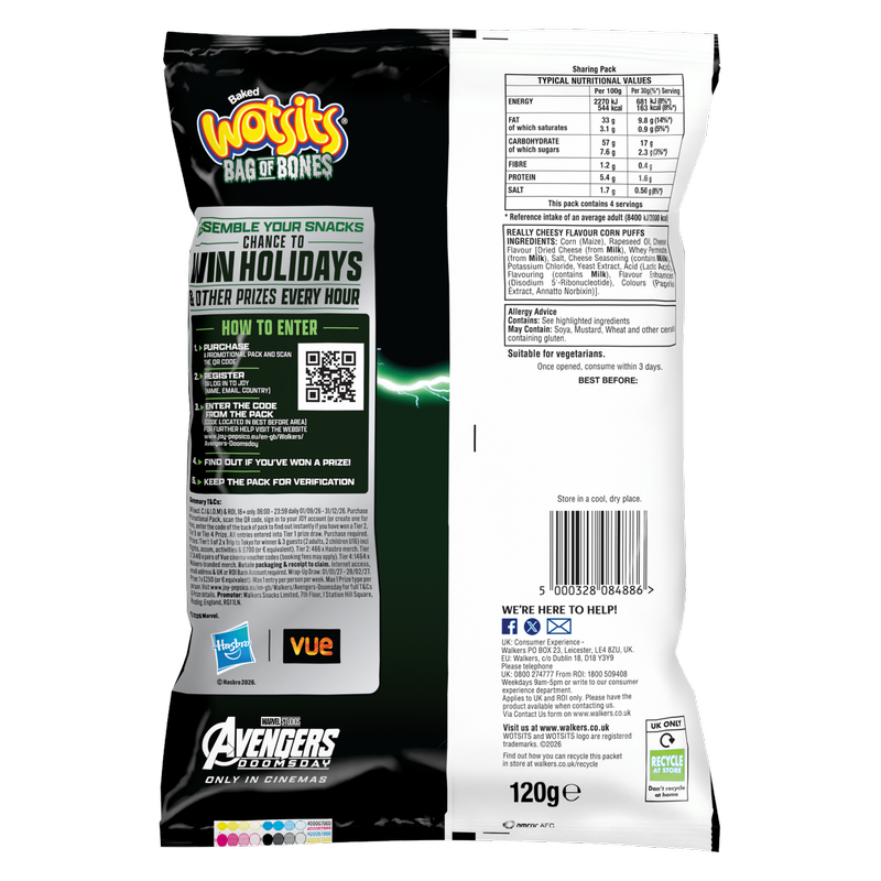 Walkers Wotsits Bag of Bones Really Cheesy, 120g
