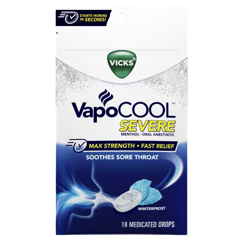 Vicks VapoCool Severe Max Strength, Medicated Sore Throat Drops, 18ct, Menthol